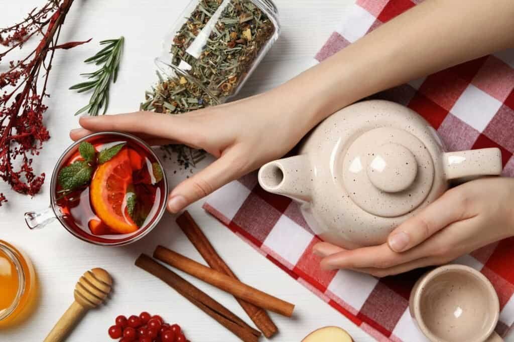 Concept of hot drink - berry and fruit tea, top view