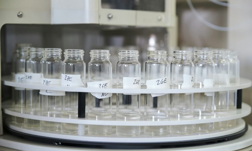 Samples at a total organic carbon analyzer autosampler.