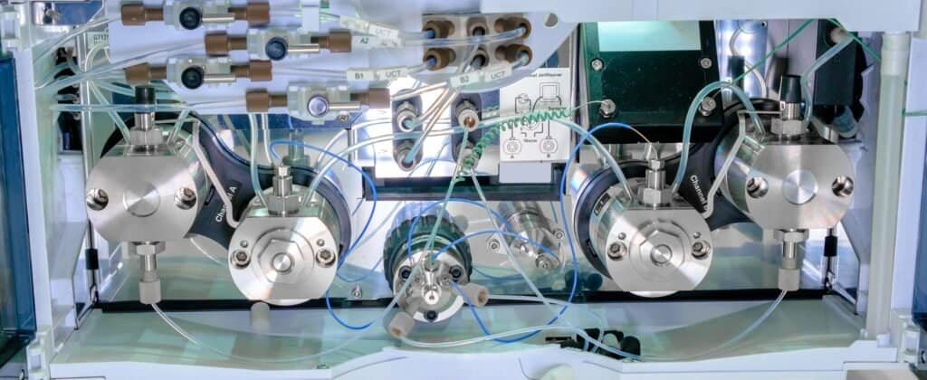 Binary pump in HPLC system. High performance liquid chromatography at analytical chemistry